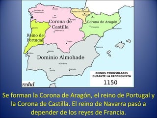 Se forman la Corona de Aragón, el reino de Portugal y la Corona de Castilla. El reino de Navarra pasó a depender de los reyes de Francia. 
