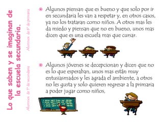    Algunos piensan que es bueno y que solo por ir


Alumnos de 6º de primaria
                                  en secundaria les van a respetar y, en otros casos,
                                  ya no los trataran como niños. A otros mas les
                                  da miedo y piensan que no en bueno, unos mas
                                  dicen que es una escuela mas que cursar.




                                 Algunos jóvenes se decepcionan y dicen que no
Alumnos de 1º de secundaria




                                  es lo que esperaban, unos mas están muy
                                  entusiasmados y les agrada el ambiente, a otros
                                  no les gusta y solo quieren regresar a la primaria
                                  a poder jugar como niños,
 