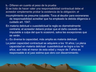 b.- Difieren en cuanto al peso de la prueba Si se trata de hacer valer una responsabilidad contractual debe el acreedor simplemente probar la existencia de la obligación; el incumplimiento se presume culpable; Toca al deudor para exonerares de responsabilidad acreditar que ha empleado la debida diligencia o cuidado art. 1547. En materia delictual o cuasidelictual la regla es diametralmente contraria; el acreedor deberá probar que el daño causado es imputable a culpa del que lo ocasionó, salva las excepciones que se verán. c.- Es diversa la capacidad, más amplia es materia delictual. La pelan capacidad contractual se adquiere a los 18 años; La plena capacidad en materia delictual  cuasidelictual se logra a los 14 años; aún más el menor de esta edad y mayor de 7 años es responsable si el juez estima que obro con discernimiento.  