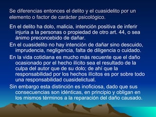 Se diferencias entonces el delito y el cuasidelito por un elemento o factor de carácter psicológico. En el delito ha dolo, malicia, intención positiva de inferir injuria a la personas o propiedad de otro art. 44, o sea ánimo preconcebido de dañar. En el cuasidelito no hay intención de dañar sino descuido, imprudencia, negligencia, falta de diligencia o cuidado. En la vida cotidiana es mucho más recuente que el daño ocasionado por el hecho ilícito sea el resultado de la culpa del autor que de su dolo; de ahí que la responsabilidad por los hechos ilícitos es por sobre todo una responsabilidad cuasidelictual. Sin embargo esta distinción es inoficiosa, dado que sus consecuencias son idénticas, en principio y obligan en los mismos términos a la reparación del daño causado. 