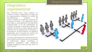 Diagnóstico
organizacional
Esta actividad tiene como objetivo -su
nombre lo indica- diagnosticar la salud de
las organizaciones mediante el análisis de
procedimientos,
métodos
de
control, medios de operación, sistemas, su
potencial humano y los elementos físicos
que utilizan y, principalmente, las relaciones
intrapersonales, a fin de implementar los
cambios necesarios, mediante el diseño y/o
rediseño de técnicas, para facilitar que los
miembros de la organización se adecuen a
la empresa y, al mismo tiempo, sus objetivos
individuales sean tomados en cuenta por
ésta y así lograr una organización sana.
Las bases del Diagnóstico Organizacional es
que al igual que las personas, las empresas
o
instituciones
deben
someterse
a
exámenes periódicos para identificar
posibles problemas antes de que éstos se
tornen graves.

Índice

 