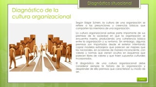 Diagnóstico de la
cultura organizacional
Según Edgar Schein, la cultura de una organización se
refiere a las presunciones y creencias básicas que
comparten los miembros de una organización.
La cultura organizacional extrae parte importante de sus
premisas de la sociedad en que la organización se
encuentra inserta, produciendo una coherencia básica
entre la organización y su entorno. Sin embargo, algunas
premisas son importadas desde el exterior intentando
copiar modelos extranjeros que parecen ser mejores que
las nacionales, en ocasiones de manera inconsciente, con
valores y normas que vienen ocultos en esquemas que
parecen libres de valores y que traen supuestos culturales
incorporados.
El diagnóstico de una cultura organizacional debe
considerar siempre la historia de la organización y
desprender de ella premisas que caracterizan su modo de
ser.
Índice

 