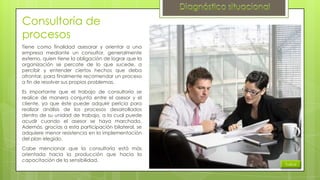 Consultoría de
procesos
Tiene como finalidad asesorar y orientar a una
empresa mediante un consultor, generalmente
externo, quien tiene la obligación de lograr que la
organización se percate de lo que sucede, a
percibir y entender ciertos hechos que deba
afrontar, para finalmente recomendar un proceso
a fin de resolver sus propios problemas.
Es importante que el trabajo de consultoría se
realice de manera conjunta entre el asesor y el
cliente, ya que éste puede adquirir pericia para
realizar análisis de los procesos desarrollados
dentro de su unidad de trabajo, a la cual puede
acudir cuando el asesor se haya marchado.
Además, gracias a esta participación bilateral, se
adquiere menor resistencia en la implementación
del plan elegido.
Cabe mencionar que la consultoría está más
orientada hacia la producción que hacia la
capacitación de la sensibilidad.

Índice

 