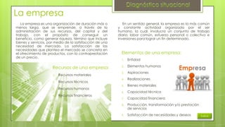 La empresa
La empresa es una organización de duración más o
menos larga, que se emprende, a través de la
administración de sus recursos, del capital y del
trabajo, con el propósito de conseguir un
beneficio, como generar riqueza, término que incluye
bienes y servicios, por medio de la satisfacción de una
necesidad de mercado. La satisfacción de las
necesidades que plantea el mercado se concreta en
el ofrecimiento de productos, con la contraprestación
de un precio.

Recursos de una empresa:
1.

Recursos materiales

2.

Recursos técnicos

3.

Recursos humanos

4.

Recursos financieros

En un sentido general, la empresa es la más común
y constante actividad organizada por el ser
humano, la cual, involucra un conjunto de trabajo
diario, labor común, esfuerzo personal o colectivo e
inversiones para lograr un fin determinado.

Elementos de una empresa:
1.

Entidad

2.

Elementos humanos

3.

Aspiraciones

4.

Realizaciones

5.

Bienes materiales

6.

Capacidad técnica

7.

Capacidad financiera

8.

Producción, transformación y/o prestación
de servicios

9.

Satisfacción de necesidades y deseos

Índice

 