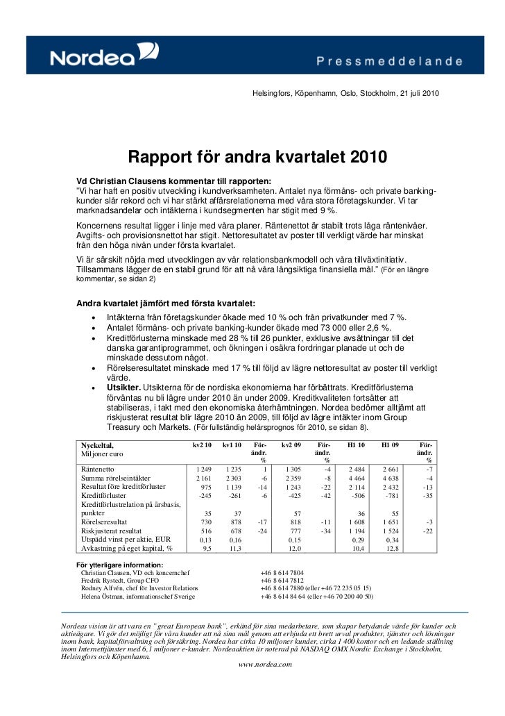 Delarsrapport 2 2010 Nordea Bank