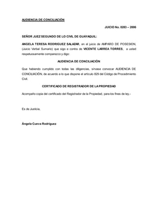 AUDIENCIA DE CONCILIACIÓN 
JUICIO No. 0283 – 2006 
SEÑOR JUEZ SEGUNDO DE LO CIVIL DE GUAYAQUIL: 
ANGELA TERESA RODRIGUEZ SALAZAR, en el juicio de AMPARO DE POSESION, 
(Juicio Verbal Sumario) que sigo e contra de VICENTE LARREA TORRES, a usted 
respetuosamente comparezco y digo: 
AUDIENCIA DE CONCILIACIÓN 
Que habiendo cumplido con todas las diligencias, sírvase convocar AUDIENCIA DE 
CONCILIACIÓN, de acuerdo a lo que dispone el artículo 829 del Código de Procedimiento 
Civil. 
CERTIFICADO DE REGISTRADOR DE LA PROPIEDAD 
Acompaño copia del certificado del Registrador de la Propiedad, para los fines de ley.- 
Es de Justicia, 
Ángela Cueva Rodríguez 
 