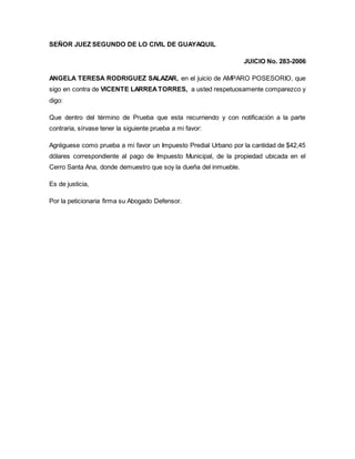 SEÑOR JUEZ SEGUNDO DE LO CIVIL DE GUAYAQUIL 
JUICIO No. 283-2006 
ANGELA TERESA RODRIGUEZ SALAZAR, en el juicio de AMPARO POSESORIO, que 
sigo en contra de VICENTE LARREA TORRES, a usted respetuosamente comparezco y 
digo: 
Que dentro del término de Prueba que esta recurriendo y con notificación a la parte 
contraria, sírvase tener la siguiente prueba a mi favor: 
Agréguese como prueba a mi favor un Impuesto Predial Urbano por la cantidad de $42,45 
dólares correspondiente al pago de Impuesto Municipal, de la propiedad ubicada en el 
Cerro Santa Ana, donde demuestro que soy la dueña del inmueble. 
Es de justicia, 
Por la peticionaria firma su Abogado Defensor. 
 