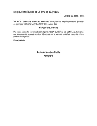 SEÑOR JUEZ SEGUNDO DE LO CIVIL DE GUAYAQUIL 
JUICIO No. 0283 – 2006 
ANGELA TERESE RODRIGUEZ SALAZAR, en el juicio de amparo posesorio que sigo 
en contra de VICENTE LARREA TORRES, a usted digo 
INSPECCION JUDICIAL 
Por varias veces he conversado con el perito NELLY BURBANO DE CENTENO, la misma 
que se encuentra ocupado en otras diligencias, por lo que pido se señale nuevo día y hora 
para dicha diligencia. 
Es de justicia, 
________________________ 
Dr. Ismael Mendoza Murillo 
ABOGADO 
 