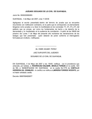 JUZGADO SEGUNDO DE LO CIVIL DE GUAYAQUIL 
Juicio No. 0930220060283 
GUAYAQUIL, 4 de Mayo del 2007, a las 11:26:56 
Agréguese el escrito presentado.-dentro del término de prueba que se encuentra 
recurriendo con notificación contraería, en la parte que le corresponde a la demandante 
ténganse como prueba a su favor lo manifestado en los numerales 1º), 2º), 3º) y 4º), del 
petitorio que se provee, así como los fundamentos de hecho y de derecho de la 
demandada y lo manifestado en la audiencia de conciliación.- A partir de las 09h00 del 
próximo día Lunes 7 de Mayo del presente año recíbanse las declaraciones de los 
testigos que han presentado quien deberán de poner conforme al interrogatorio 
formulado por el efecto.- notifíquese. 
_______________________ 
Ab. OMAR AGUIAR PEREZ 
JUEZ SUPLENTE DEL JUZGADO 
SEGUNDO DE LO CIVIL DE GUAYAQUIL 
EN GUAYAQUIL, 4 de Mayo del 2007 a las 15h00, notifique con la providencia que 
antecede, por boletas, a: RODRIGUEZ SALAZAR, ANGELA TEREZA en la casilla 623 
de NN, a: MUNICIPALIDAD DE GUAYAQUIL en la casilla No.1776 de CASTILLO 
HERRERA GIL OSWALDO.- lo certifico se notifica a LARRERA TORRES VICENTE, por 
no haber señalado casilla. 
Decreto- 66697684826877 
 