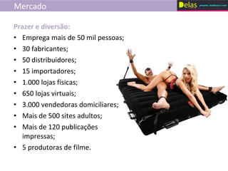 Mercado Emprega mais de 50 mil pessoas; 30 fabricantes; 50 distribuidores; 15 importadores; 1.000 lojas físicas; 650 lojas virtuais; 3.000 vendedoras domiciliares; Mais de 500 sites adultos; Mais de 120 publicações impressas; 5 produtoras de filme. Prazer e diversão: 