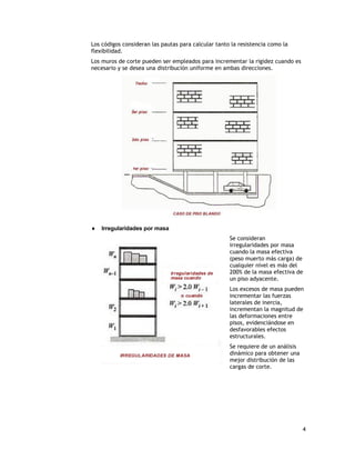 Los códigos consideran las pautas para calcular tanto la resistencia como la
flexibilidad.
Los muros de corte pueden ser empleados para incrementar la rigidez cuando es
necesario y se desea una distribución uniforme en ambas direcciones.




   Irregularidades por masa
                                                     Se consideran
                                                     irregularidades por masa
                                                     cuando la masa efectiva
                                                     (peso muerto más carga) de
                                                     cualquier nivel es más del
                                                     200% de la masa efectiva de
                                                     un piso adyacente.
                                                     Los excesos de masa pueden
                                                     incrementar las fuerzas
                                                     laterales de inercia,
                                                     incrementan la magnitud de
                                                     las deformaciones entre
                                                     pisos, evidenciándose en
                                                     desfavorables efectos
                                                     estructurales.
                                                     Se requiere de un análisis
                                                     dinámico para obtener una
                                                     mejor distribución de las
                                                     cargas de corte.




                                                                                  4
 