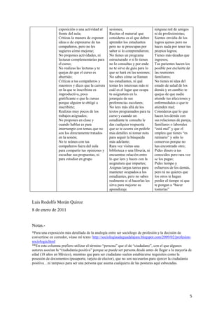exposición o una actividad al     sesiones;                       ninguna red de amigos
                 frente del aula;                  Recitas el material que         ni de profesionistas;
                 Criticas la manera de exponer     consideras es el que deben      Sientes envidia de los
                 ideas o de expresarse de tus      aprender los estudiantes        logros ajenos pero no
                 compañeros, pero no les           pero no te preocupas por        haces nada por tener tus
                 sugieres cómo mejorar;            saber si lo comprendieron;      propios logros;
                 No propones actividades, ni       No tienes un programa           Tienes más deudas que
                 lecturas complementarias para     estructurado o si lo tienes     ingresos;
                 el curso;                         no lo consultas y por ende      Tus parientes hacen los
                 No realizas las lecturas y te     no te sirve de guía para lo     posible por excluirte de
                 quejas de que el curso es         que se hará en las sesiones;    las reuniones
                 aburrido;                         No sabes cómo se llaman         familiares;
                 Criticas a tus compañeros y       tus estudiantes, ni qué         No tienes ni idea del
                 maestros y dices que la carrera   temas les interesan más ni      estado de salud de los
                 en la que te inscribiste es       cuál es el lugar que ocupa      demás y en cambio te
                 improductiva, poco                tu asignatura en la             quejas de que nadie
                 gratificante o que la cursas      jerarquía de sus                atiende tus afecciones y
                 porque alguien te obligó a        preferencias escolares;         enfermedades o que te
                 inscribirte;                      No lees más allá de los         atienden mal;
                 Realizas muy pocos de los         textos programados para tu      Consideras que lo que
                 trabajos asignados;               curso y cuando un               hacen los demás con
                 No propones en clase y            estudiante te consulta le       sus relaciones de pareja,
                 cuando hablas es para             das cualquier respuesta         familiares o laborales
                 interrumpir con temas que no      que se te ocurra sin pedirle    “está mal” y que el
                 son los directamente tratados     más detalles ni tomar nota      empleo que tienes “es
                 en la sesión;                     para seguir la búsqueda         rutinario” y sólo lo
                 No te reúnes con tus              más adelante;                   conservas porque no
                 compañeros fuera del aula         Rara vez visitas una            has encontrado otro;
                 para compartir tus opiniones y    biblioteca o una librería, ni   Pides dinero a tus
                 escuchar sus propuestas, ni       encuentras relación entre       conocidos pero rara vez
                 para estudiar en grupo            lo que lees y haces con la      se los pagas;
                                                   asignatura que impartes;        Pides tiempo y
                                                   Asignas largas tareas para      esfuerzos de los demás,
                                                   mantener ocupados a los         pero tú no quieres que
                                                   estudiantes, pero no sabes      los otros te hagan
                                                   realmente si el hacerlas les    perder el tiempo ni que
                                                   sirva para mejorar su           te pongan a “hacer
                                                   aprendizaje                     tonterías”


Luis Rodolfo Morán Quiroz
8 de enero de 2011


Notas.-
*Para una exposición más detallada de la analogía entre ser sociólogo de profesión y la decisión de
convertirse en corredor, véase mi texto: http://sociologiaudeguadalajara.blogspot.com/2009/02/profesion-
sociologia.html
**En esta columna prefiero utilizar el término “persona” que el de “ciudadano”, con el que algunos
autores asocian la “ciudadanía positiva” porque se puede ser persona desde antes de llegar a la mayoría de
edad (18 años en México), mientras que para ser ciudadano suelen establecerse requisitos como la
posesión de documentos (pasaporte, tarjeta de elector), que no son necesarios para ejercer la ciudadanía
positiva…ni tampoco para ser una persona que asuma cualquiera de las posturas aquí esbozadas.




                                                                                                           5
 