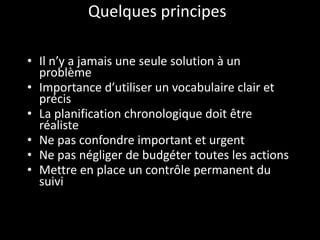 Quelques principes  Il n’y a jamais une seule solution à un problème Importance d’utiliser un vocabulaire clair et précis La planification chronologique doit être réaliste Ne pas confondre important et urgent Ne pas négliger de budgéter toutes les actions  Mettre en place un contrôle permanent du suivi 