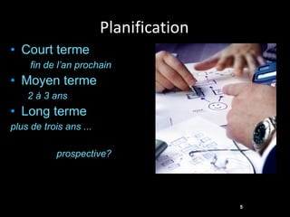 Planification Court terme fin de l’an prochain Moyen terme 2 à 3 ans Long terme plus de trois ans ... prospective? 