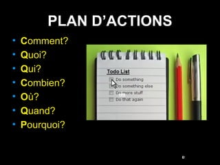 C omment? Q uoi? Q ui? C ombien? O ù? Q uand? P ourquoi? tttt PLAN D’ACTIONS 