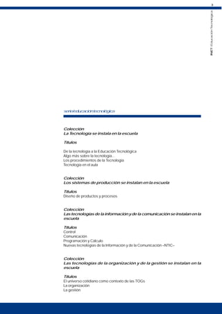 3
INET
/
Educación
Tecnológica
Colección
La Tecnología se instala en la escuela
Títulos
De la tecnología a la Educación Tecnológica
Algo más sobre la tecnología...
Los procedimientos de la Tecnología
Tecnología en el aula
Colección
Los sistemas de producción se instalan en la escuela
Títulos
Diseño de productos y procesos
Colección
Las tecnologías de la información y de la comunicación se instalan en la
escuela
Títulos
Control
Comunicación
Programación y Cálculo
Nuevas tecnologías de la Información y de la Comunicación –NTIC–
Colección
Las tecnologías de la organización y de la gestión se instalan en la
escuela
Títulos
El universo cotidiano como contexto de las TOGs
La organización
La gestión
serie/educacióntecnológica
 