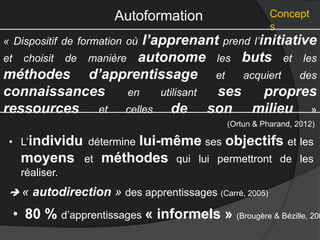 Autoformation Concept
s
« Dispositif de formation où l’apprenant prend l’initiative
et choisit de manière autonome les buts et les
méthodes d’apprentissage et acquiert des
connaissances en utilisant ses propres
ressources et celles de son milieu »
(Ortun & Pharand, 2012)
• L’individu détermine lui-même ses objectifs et les
moyens et méthodes qui lui permettront de les
réaliser.
 « autodirection » des apprentissages (Carré, 2005)
• 80 % d’apprentissages « informels » (Brougère & Bézille, 200
 