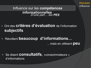 Résultats
Influence
Influence sur les compétences
informationnelles
D’une part… les PES
• Ont des critères d’évaluation de l’information
subjectifs
• Récoltent beaucoup d’informations…
…mais en utilisent peu
• Se disent consultatifs, «consommateurs »
d’informations
 