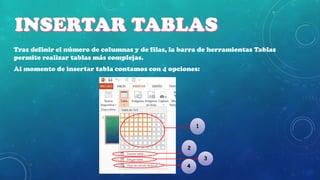 Tras definir el número de columnas y de filas, la barra de herramientas Tablas
permite realizar tablas más complejas.
Al momento de insertar tabla contamos con 4 opciones:

1

2
3
4

 