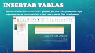 1. Podemos directamente arrastrar el puntero por una tabla prediseñada que
se nos muestra en la opción tabla, la cual cuenta con 10 filas y 8 columnas

 