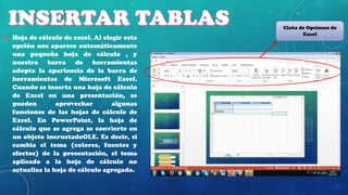 4. Hoja de cálculo de excel. Al elegir esta
opción nos aparece automáticamente
una pequeña hoja de cálculo , y
nuestra barra de herramientas
adopta la apariencia de la barra de
herramientas de Microsoft Excel.
Cuando se inserta una hoja de cálculo
de Excel en una presentación, se
pueden
aprovechar
algunas
funciones de las hojas de cálculo de
Excel. En PowerPoint, la hoja de
cálculo que se agrega se convierte en
un objeto incrustadoOLE. Es decir, si
cambia el tema (colores, fuentes y
efectos) de la presentación, el tema
aplicado a la hoja de cálculo no
actualiza la hoja de cálculo agregada.

Cinta de Opciones de
Excel

 