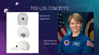POD LOG CONCEPTS
Dad hat for
supporters
Patchwork for
NASA uniform
 