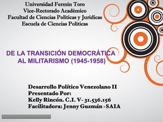 Universidad Fermín Toro
Vice-Rectorado Académico
Facultad de Ciencias Políticas y Jurídicas
Escuela de Ciencias Políticas
DE LA TRANSICIÓN DEMOCRÁTICA
AL MILITARISMO (1945-1958)
 