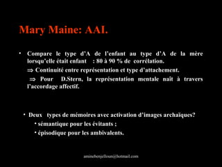 Mary Maine: AAI.
•    Compare le type d’A de l’enfant au type d’A de la mère
     lorsqu’elle était enfant : 80 à 90 % de corrélation.
     ⇒ Continuité entre représentation et type d’attachement.
      ⇒ Pour D.Stern, la représentation mentale naît à travers
     l’accordage affectif.



    • Deux types de mémoires avec activation d’images archaïques?
        • sémantique pour les évitants ;
        • épisodique pour les ambivalents.


                         aminebenjelloun@hotmail.com
 