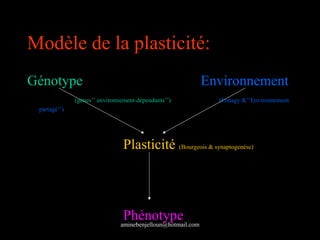 Modèle de la plasticité:
Génotype                                                     Environnement
              (gènes’’ environnement-dépendants’’)             (Fonagy &’’Environnement
 partagé’’)




                                Plasticité (Bourgeois & synaptogenése)



                                Phénotype
                               aminebenjelloun@hotmail.com
 