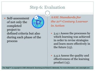 Step 6: EvaluationAASL Standards for the 21st-Century Learnerin Action3.4.1 Assess the processes by which learning was achieved in order to revise strategies and learn more effectively in the future (15).3.4.2 Assess the quality and effectiveness of the learning product (15).Self-assessment of not only the completed project to defined criteria but also during each phase of the processThe “Big6™” is copyright © (1987) Michael B. Eisenberg and Robert E. Berkowitz. For more information, visit: www.big6.com