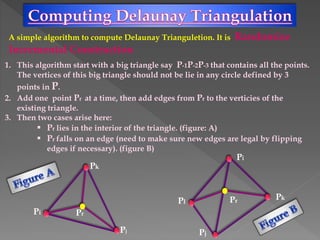 1. This algorithm start with a big triangle say P-1P-2P-3 that contains all the points.
The vertices of this big triangle should not be lie in any circle defined by 3
points in P.
2. Add one point Pr at a time, then add edges from Pr to the verticies of the
existing triangle.
3. Then two cases arise here:
 Pr lies in the interior of the triangle. (figure: A)
 Pr falls on an edge (need to make sure new edges are legal by flipping
edges if necessary). (figure B)
Pi
Pj
Pk
Pr
Pk
Pj
Pl
Pi
Pr
A simple algorithm to compute Delaunay Trianguletion. It is Randomize
Incremental Construction
 