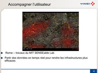 Accompagner l’utilisateur




!   Rome – travaux du MIT SENSEable Lab
!   Partir des données en temps réel pour rendre les infrastructures plus
    efficaces


                                                                            30
 