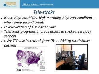 Tele-stroke







Need: High morbidity, high mortality, high cost condition –
when every second counts
Low utilization of TPA nationwide
Telestroke programs improve access to stroke neurology
services
UVA: TPA use increased from 0% to 25% of rural stroke
patients

 