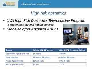 High risk obstetrics
• UVA High Risk Obstetrics Telemedicine Program
6 sites with state and federal funding

• Modeled after Arkansas ANGELS

Issues

Before HROB Program

After HROB Implementation

Gestational Age at First Visit

17 weeks

13 weeks

Entry into Care

25% after 20 weeks

All before 20 weeks

Missed Appointments

11% of visits

4.4% of visits

Rate of pre-term birth

16.5%

12.5 %

 