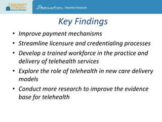 Key Findings
• Improve payment mechanisms
• Streamline licensure and credentialing processes
• Develop a trained workforce in the practice and
delivery of telehealth services
• Explore the role of telehealth in new care delivery
models
• Conduct more research to improve the evidence
base for telehealth

 