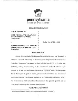 Final Determination of PA Office of Open Records Granting Access to Half-Baked DEP Data on Radiation