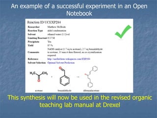 An example of a successful experiment in an Open
                    Notebook




This synthesis will now be used in the revised organic
           teaching lab manual at Drexel
 