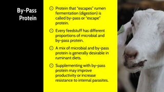 By-Pass
Protein
⊙ Protein that “escapes” rumen
fermentation (digestion) is
called by-pass or “escape”
protein.
⊙ Every feedstuff has different
proportions of microbial and
by-pass protein.
⊙ A mix of microbial and by-pass
protein is generally desirable in
ruminant diets.
⊙ Supplementing with by-pass
protein may improve
productivity or increase
resistance to internal parasites.
11
 