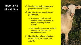 Importance
of Nutrition
⊙ Feed accounts for majority of
production costs, ~70%.
⊙ Nutrition is the foundation of
good health.
○ Animals on a high plane of
nutrition are more resistant to
disease, including internal
parasites.
○ Nutritional problems are probably
secondary in frequency to
respiratory diseases.
⊙ Nutrition has a large effect on
reproduction, lactation, and
growth.
2
 
