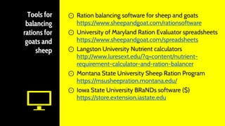 Tools for
balancing
rations for
goats and
sheep
⊙ Ration balancing software for sheep and goats
https://www.sheepandgoat.com/rationsoftware
⊙ University of Maryland Ration Evaluator spreadsheets
https://www.sheepandgoat.com/spreadsheets
⊙ Langston University Nutrient calculators
http://www.luresext.edu/?q=content/nutrient-
requirement-calculator-and-ration-balancer
⊙ Montana State University Sheep Ration Program
https://msusheepration.montana.edu/
⊙ Iowa State University BRaNDs software ($)
https://store.extension.iastate.edu
 