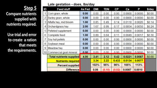 Step 5
Compare nutrients
supplied with
nutrients required.
Use trial and error
to create a ration
that meets
the requirements.
58
 