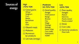 Sources of
energy
High
>70% TDN
⊙ Cereal grains
Wheat
Sorghum
Corn
Barley
Buckwheat
Rye
Oats
⊙ Oilseed meals
⊙ Molasses
⊙ Numerous
by-products
⊙ Lick tubs (energy)
Moderate
50-70% TDN
⊙ Good quality
forage
Fresh pasture
Range
Browse
Hay
Silage
Haylage
Baleage
Green chop
Corn stalks
Hydroponic
fodder
Low
<50% TDN
⊙ Poor quality
forages
Mature
Stemmy
Poorly stored
Poorly ensiled
⊙ Straw
⊙ Corn cobs
⊙ Some by-products
Most hulls
9
 