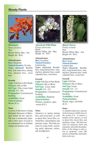 Woody Plants




Blackgum                           American Wild Plum                 Black Cherry
Nyssa sylvatica                    Prunus americana                   Prunus serotina
Tree                               Shrub                              Tree
                                   Bloom: White, Apr - May            Bloom: White, May – Jun
Bloom: Green, May - Jun            Height: 10 - 30 ft.
Height: 60 - 80 ft.                                                   Height: 50 - 80 ft.
                                   Attractiveness                     Attractiveness
Attractiveness                     Bees: Excellent                    Bees: Good
Bees: Moderate                     Natural Enemies:                   Natural Enemies:
Natural Enemies: No data           Limited data                       Limited data
Types attracted: Bumble            Types attracted: Bumble            Types attracted: Bumble
bees, leaf-cutter bees, mining     bees, long-horned bees, min-       bees, long-horned bees, min-
bees, plasterer bees, sweat        ing bees, plasterer bees, small    ing bees, plasterer bees, small
                                   carpenter bees, sweat bees         carpenter bees, sweat bees
bees
                                   Growth                             Growth
Growth                                                                Light: Full Sun
                                   Light: Full Sun to Part Shade
Light: Full Sun to Part Shade                                         Moisture: Dry to Moist
                                   Moisture: Dry to Moist
Moisture: Dry to Wet                                                  Soil Type: Loam
                                   Soil Type: Loam, Sand
Soil Type: Clay, Loam, Sand                                           Soil pH: 5.0 – 7.5
                                   Soil pH: 5.0 – 7.0
Soil pH: 4.5 – 6.0                                                    Propagation: Containerized
                                   Propagation: Containerized
Propagation: Containerized                                            Seedling
                                   Seedling
Seedling                                                              Availability: Good
                                   Availability: Moderate
Availability: Good                                                    Natural habitat:
                                   Natural habitat:
Natural habitat:                                                      Woods, edges, old fields
                                   Thickets, meadows, open
Woods (P, C)                                                          (P, C)
                                   woods (P, C)
Notes                                                                 Notes
A survey of the insects visiting   Notes                              A valuable timber tree, and one
blackgum blossoms in Mary-         Attractive to spring mining        of the foremost wildlife trees in
land found 46 bee species.         bees and sweat bees, as well       the eastern U.S. It attracts a
The tree is moderately palat-      as dance flies, hover flies, ta-   number of bee species, as well
able to deer and is favored as     chinid flies, and predatory and    as dance flies, hover flies, and
                                                                      predatory wasps. The fruits are
an ornamental for its brilliant    parasitic wasps. The fruits are
                                                                      eaten by numerous birds and
orange-red autumn color.           eaten by many birds, includ-       mammals; and while the palata-
                                   ing quail, pheasant, robins,       bility of the foliage to deer is
                                   and woodpeckers.                   low to moderate, some 200
                                                                      species of butterflies and moths
                                                                      feed on the tree.
                                                 18
 