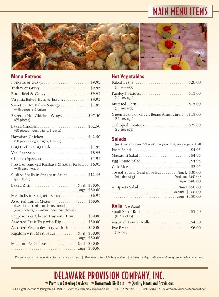 Delaware Provision Catering Menu