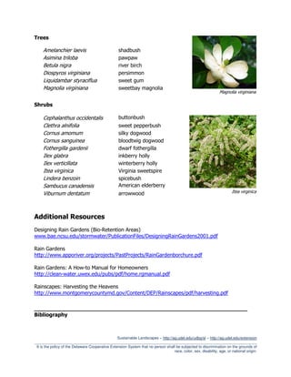Trees

     Amelanchier laevis                            shadbush
     Asimina triloba                               pawpaw
     Betula nigra                                  river birch
     Diospyros virginiana                          persimmon
     Liquidambar styraciflua                       sweet gum
     Magnolia virginiana                           sweetbay magnolia
                                                                                                                 Magnolia virginiana

Shrubs

     Cephalanthus occidentalis                     buttonbush
     Clethra alnifolia                             sweet pepperbush
     Cornus amomum                                 silky dogwood
     Cornus sanguinea                              bloodtwig dogwood
     Fothergilla gardenii                          dwarf fothergilla
     Ilex glabra                                   inkberry holly
     Ilex verticillata                             winterberry holly
     Itea virginica                                Virginia sweetspire
     Lindera benzoin                               spicebush
     Sambucus canadensis                           American elderberry
     Viburnum dentatum                             arrowwood                                                             Itea virginica




Additional Resources
Designing Rain Gardens (Bio-Retention Areas)
www.bae.ncsu.edu/stormwater/PublicationFiles/DesigningRainGardens2001.pdf

Rain Gardens
http://www.apporiver.org/projects/PastProjects/RainGardenborchure.pdf

Rain Gardens: A How-to Manual for Homeowners
http://clean-water.uwex.edu/pubs/pdf/home.rgmanual.pdf

Rainscapes: Harvesting the Heavens
http://www.montgomerycountymd.gov/Content/DEP/Rainscapes/pdf/harvesting.pdf

________________________________________________________________
Bibliography



                                                  Sustainable Landscapes – http://ag.udel.edu/udbg/sl – http://ag.udel.edu/extension
_________________________________________________________________________________________________________
 It is the policy of the Delaware Cooperative Extension System that no person shall be subjected to discrimination on the grounds of
                                                                                   race, color, sex, disability, age, or national origin.
 