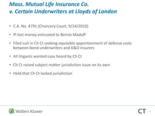 Mass. Mutual Life Insurance Co.
v. Certain Underwriters at Lloyds of London
• C.A. No. 4791 (Chancery Court, 9/24/2010)
• Pl lost money entrusted to Bernie Madoff
• Filed suit in Ch Ct seeking equitable apportionment of defense costs
between bond underwriters and D&O insurers
• All litigants wanted case heard by Ch Ct
• Ch Ct raised subject matter jurisdiction issue on its own
• Held that Ch Ct lacked jurisdiction
11
 
