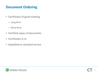 Document Ordering
• Certificates of good standing
– Long form
– Short form
• Certified copies of documents
• Certificates in re
• Expedited or standard service
22
 