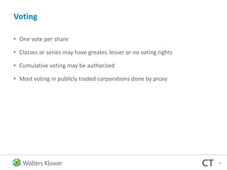 Voting
• One vote per share
• Classes or series may have greater, lesser or no voting rights
• Cumulative voting may be authorized
• Most voting in publicly traded corporations done by proxy
38
 