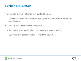 Election of Directors
• Elected by plurality of votes cast by stockholders
– Director with most votes is elected w/o regard to votes withheld, not cast or
voted against
• “Plurality plus” bylaw may be adopted
– Requires director receiving less than majority of votes to resign
– Bylaw may give board discretion to reject the resignation
49
 
