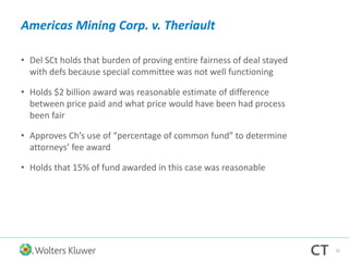 Americas Mining Corp. v. Theriault
• Del SCt holds that burden of proving entire fairness of deal stayed
with defs because special committee was not well functioning
• Holds $2 billion award was reasonable estimate of difference
between price paid and what price would have been had process
been fair
• Approves Ch’s use of “percentage of common fund” to determine
attorneys’ fee award
• Holds that 15% of fund awarded in this case was reasonable
52
 